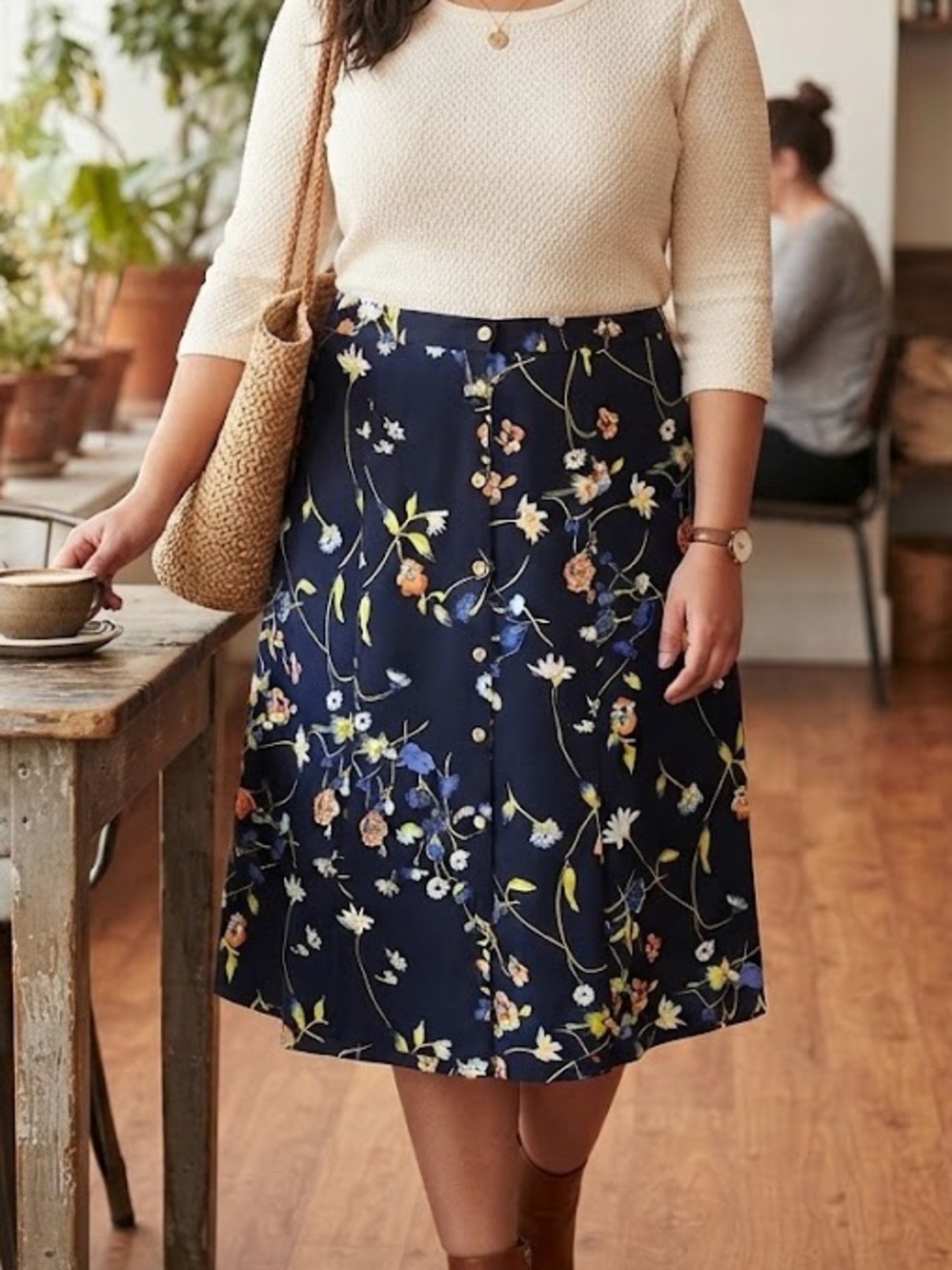 Claire France Navy Blue Floral Midi Skirt Gold Buttons Cottagecore Flowy Boho